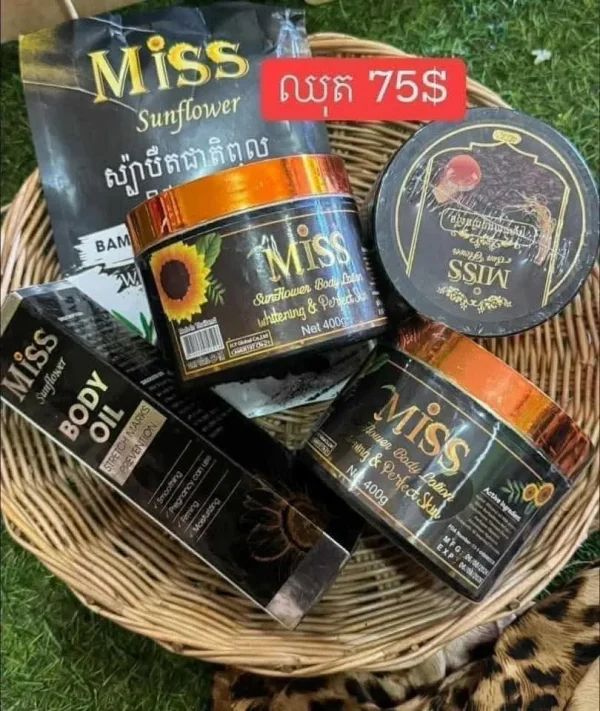 Set of Miss Sunflower: Bamboo Charcoals Spa, Stretch Marks Prevention Body Oil, 3 Body Lotion