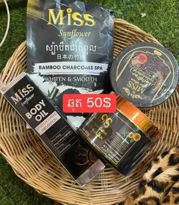 Set of Miss Sunflower: Bamboo Charcoals Spa, Stretch Marks Prevention Body Oil, 2 Body Lotion